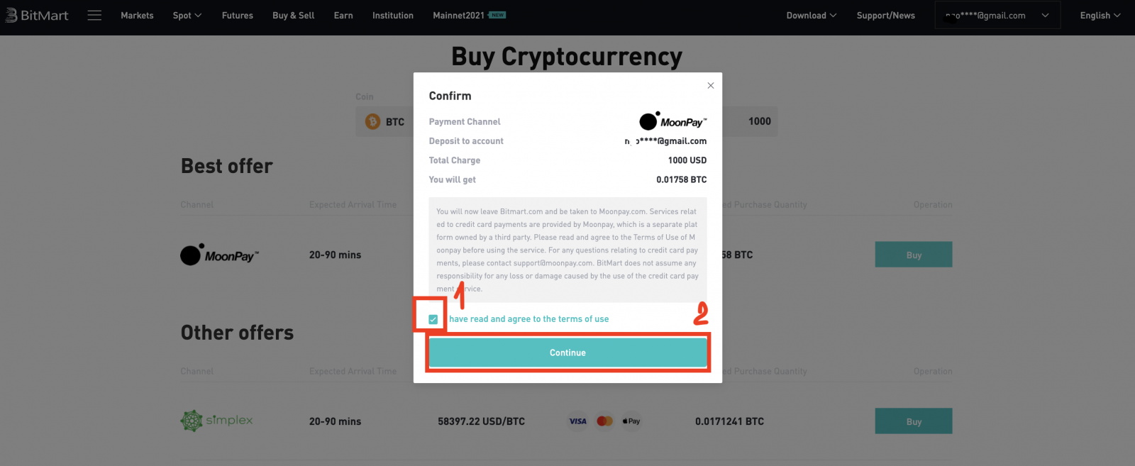 如何在 BitMart 使用 MoonPay 购买硬币