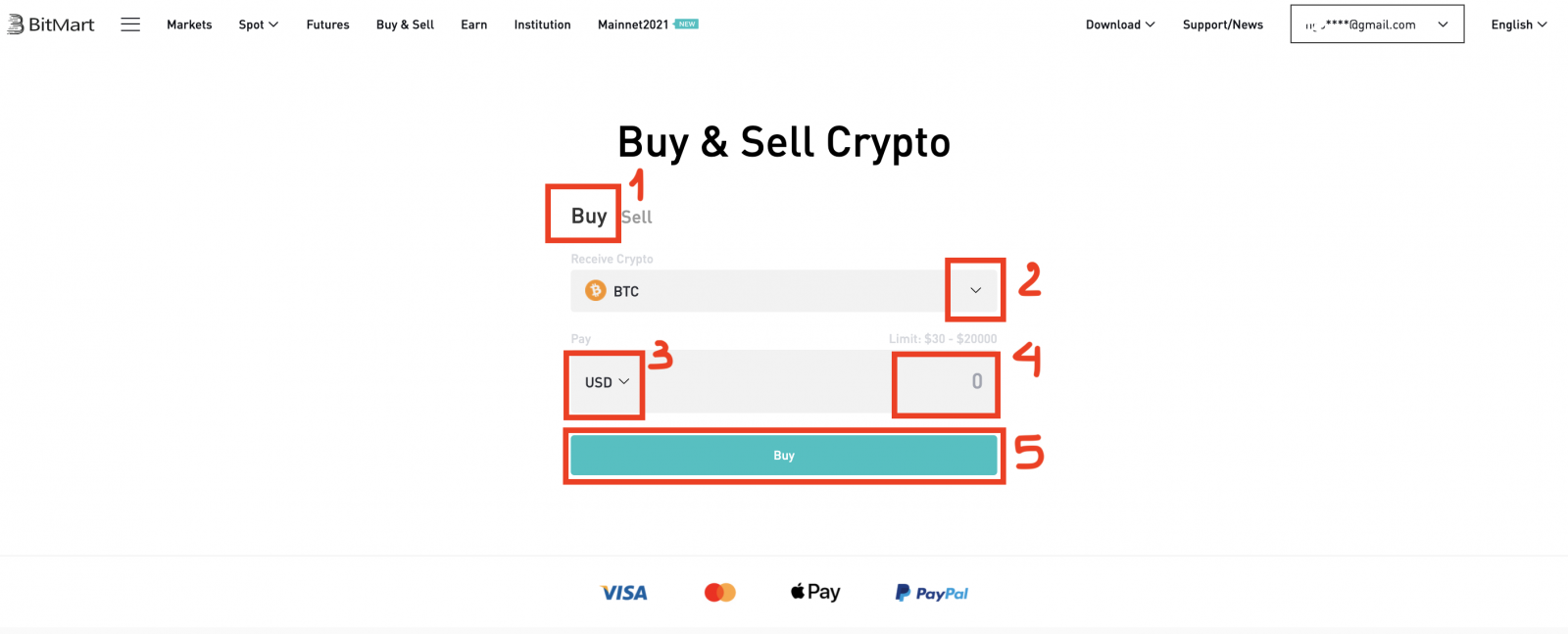 如何在 BitMart 使用 MoonPay 购买硬币