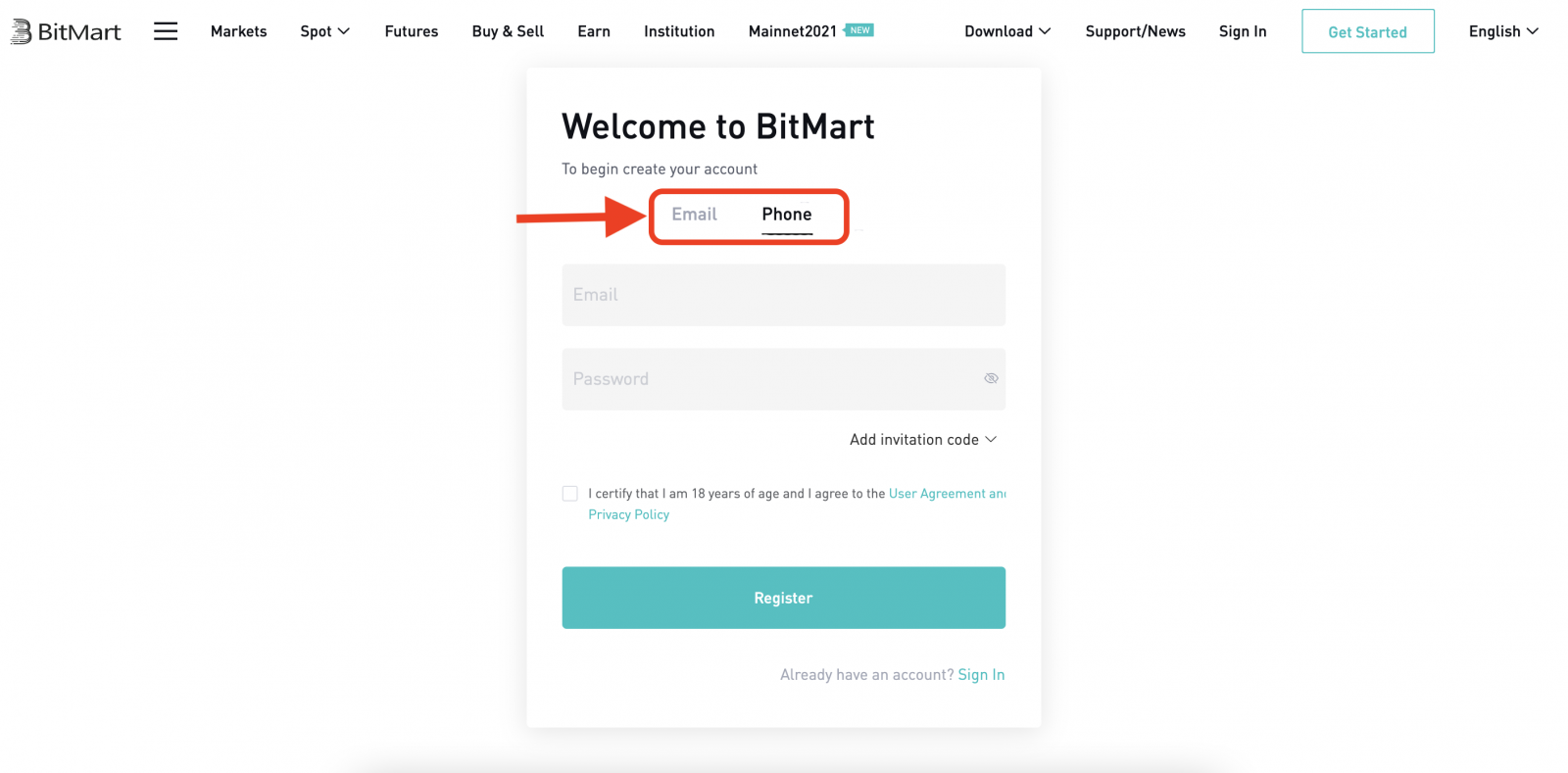 계정을 만들고 BitMart에 등록하는 방법