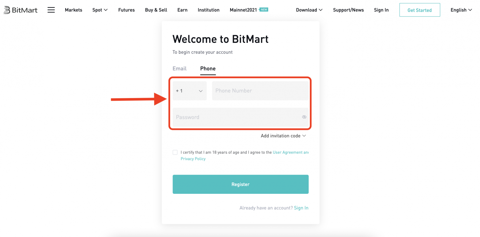Cách tạo tài khoản và đăng ký trong BitMart