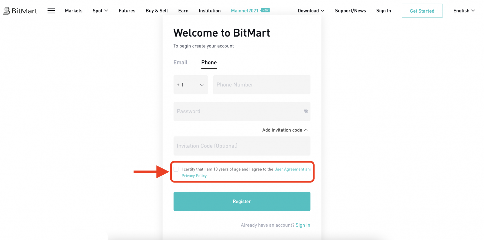 Como registrar e verificar a conta no BitMart